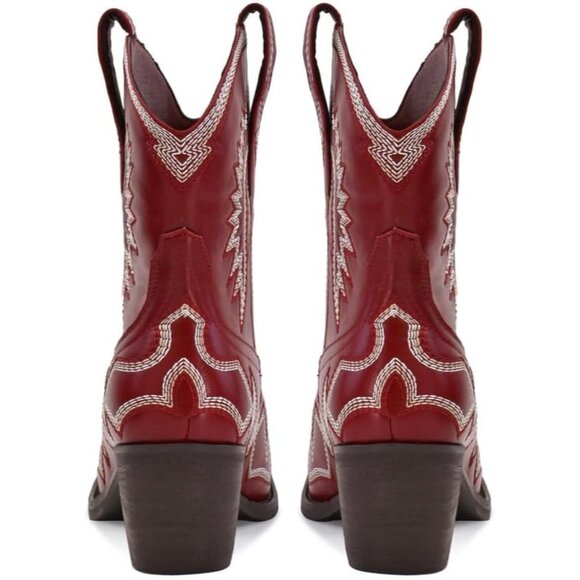 Women's Metallic Embroidered Pointed Toe Cowgirl Boots Chunky Pull-On Wine Red - Picture 4 of 6